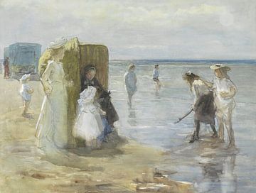 Gezicht langs de vloedlijn aan het Scheveningse strand, met twee dames
