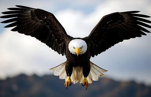 Foto van een zwevende Amerikaanse zeearend tijdens de vlucht | Dynamische wanddecoratie met roofvogel