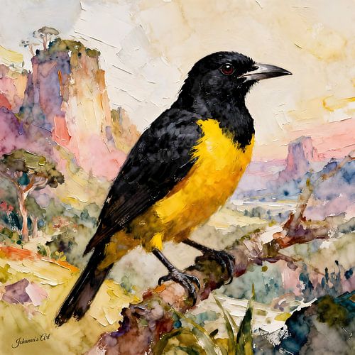Prachtige vogels van de wereld - Zwartgele breedbekvogel