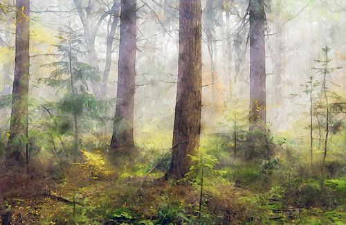 Aquarel van mistig herfstbos