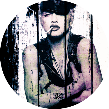 Madonna Portret met Sigaret en Leren Pet op Hout Effect van Art By Dominic