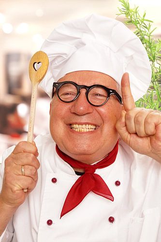 A cheerful chef with a wooden spoon