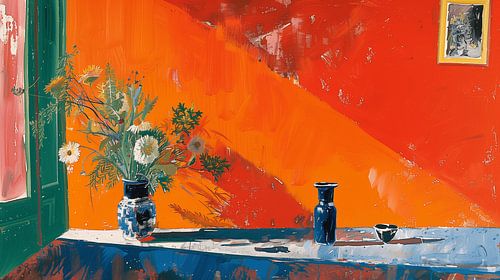 Bloemen voor oranje muur