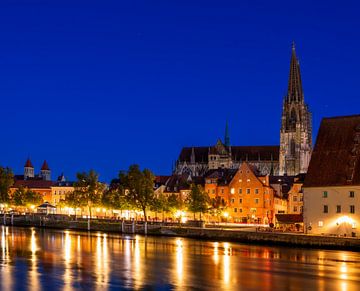 Donauoever in Regensburg op blauw uur