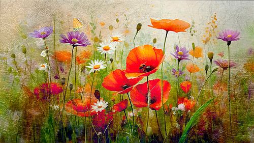 Zomer! Een veld met klaprozen en wilde bloemen in het gras.