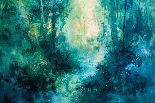 Abstract schilderij in groen en turquoise - Mystiek boslandschap met licht