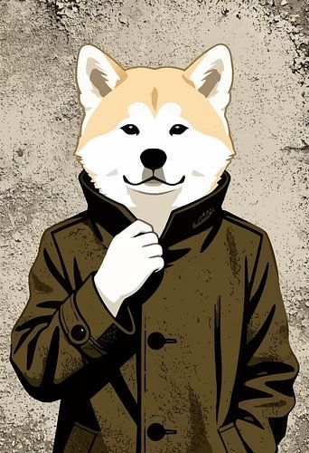 Dapper Akita Dog in Trench Coat - Vintage Mystery Aesthetic Wall Art