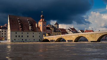 Overstromingswater bij de Stenen Brug in Regensburg, Beieren van Robert Ruidl