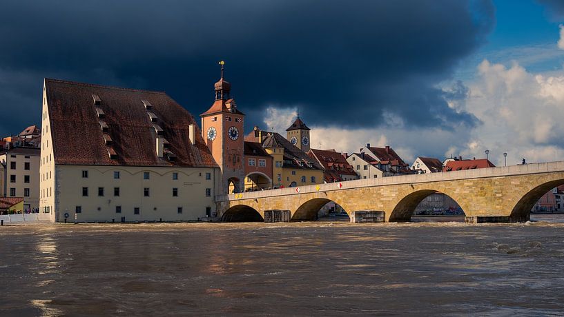 Flood water at the Stone Bridge in Regensburg, Bavaria by Robert Ruidl