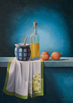 Stilleven schilderij, olijfolie en uien van David Soekana