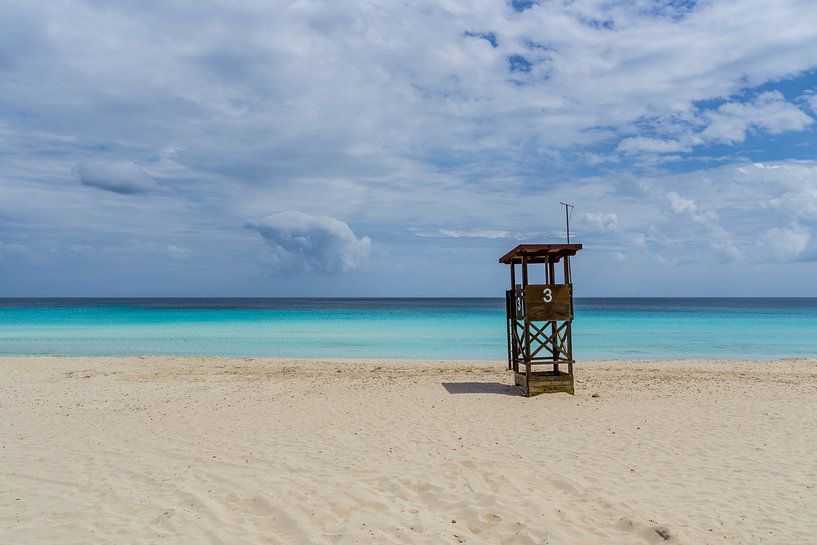Mallorca, Lifeguard house on empty perfect white sand beach by adventure-photos