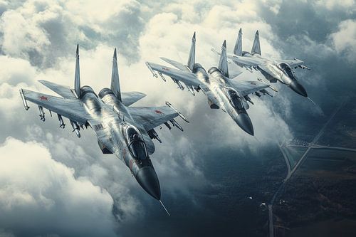 Three futuristic fighter jets skim side by side through a clear blue sky by Digitale Schilderijen