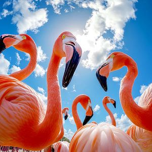 Rassemblement de flamants - Groupe de flamants sous le ciel bleu
