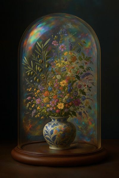 Blumen unter der Glasglocke - Feldblumenstrauß im Regenbogenlicht von Studio Juna
