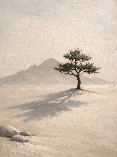 Minimalistische Landschaft mit einem einsamen Baum in Impasto-Technik