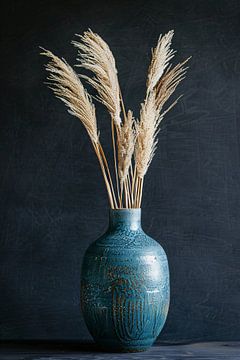 Blauwe vaas met roomkleurig pampasgras tegen donkere achtergrond van De Muurdecoratie