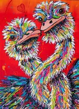 Ostriches in love in red by Happy Paintings