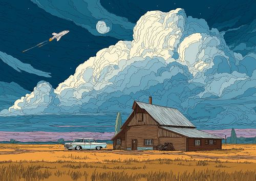 Surreal Sci-Fi Farm with Rocket Launch Illustration