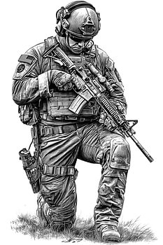 Detaillierte Vintage-Strichzeichnung eines taktischen Soldaten am Knie
