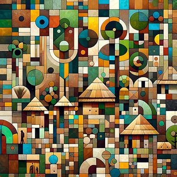 Mosaik eines afrikanischen Dorfes in fruchtbarer Umgebung von Lois Diallo