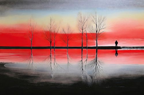 Man en kale bomen aan de oever-01