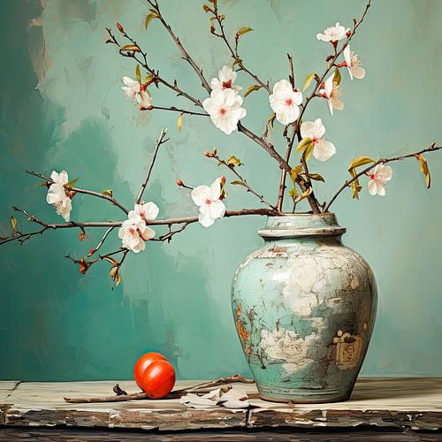Old vase with blossom branch in teal blue