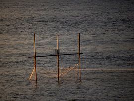 Wenn es Abend wird und das Wasser menschenleer ist, fangen die Netze weiterhin Fische. von femke aarden