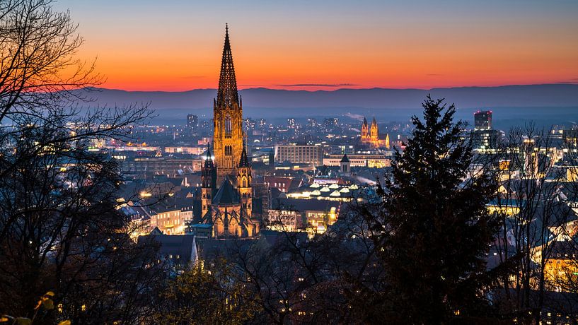 Freiburg im Breisgau rode zonsondergang hemel boven skyline van de stad van adventure-photos