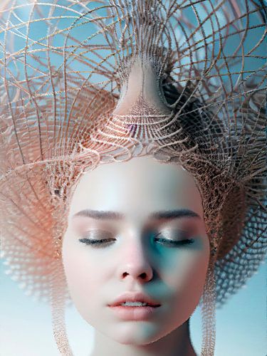 57. Een meisje, een vrouw, die haar ogen sluit, absorbeert en geeft haar creatieve visie aan de were