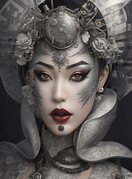 Geisha Steampunk argent et rouge