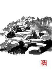 samurai resting on a rock