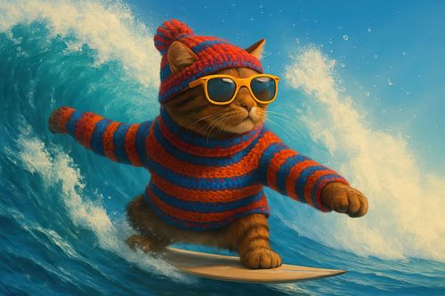 Chat sur une planche de surf dans les vagues