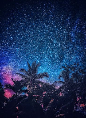 Bohèmehafte thailändisch-buddhistische Kunstwerke. Palmen bei Nacht.