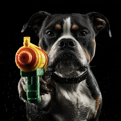Hond met waterpistool