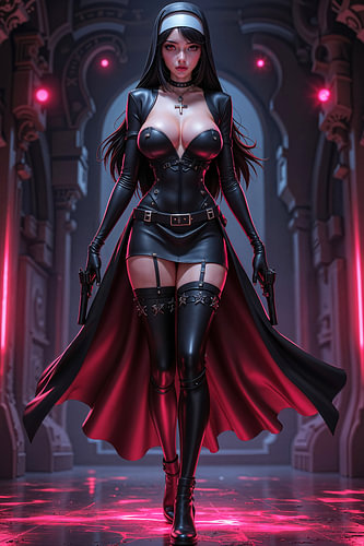 Dark Fantasy Anime Wandbild: VITRACELLE – Sexy Anime Girl als Nonne mit Waffen in einer Kathedrale