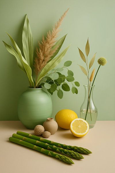 Green &amp; Citrus - Still life with asparagus, lemon and dried flowers by Kleurenrijk