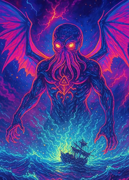 Neon Cthulhu Rising On The Ocean by MIROKKU