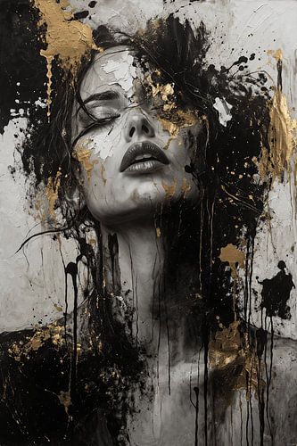 Portrait féminin abstrait de luxe en noir et or – Art moderne expressif aux textures élégantes