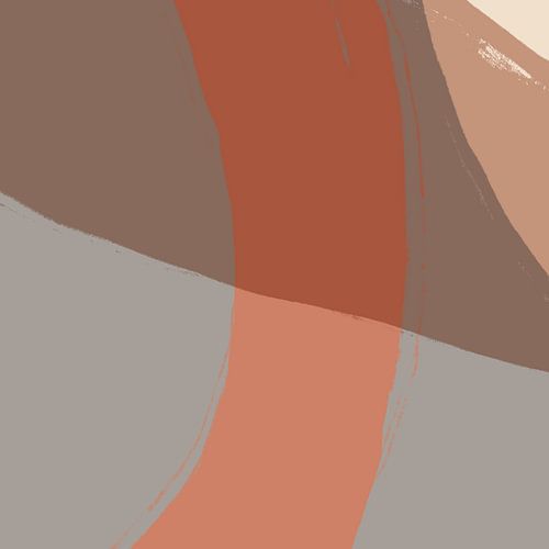 Abstracte vormen en lijnen in terracotta, grijs en bruin.
