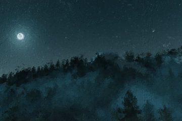 Berg mit Nadelbäumen und Nebelschleier im Mondschein von Besa Art