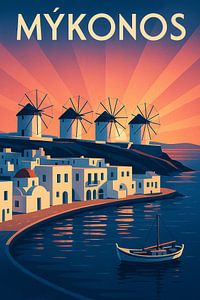 Mýkonos Art Deco Poster - Ikonische Windmýhlen bei Sonnenuntergang