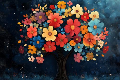 Tree of Flowers in Magical Night