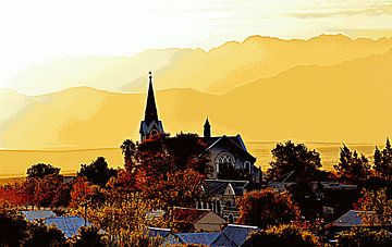 Kerk en bergen bij zonsopgang mixed media van Werner Lehmann
