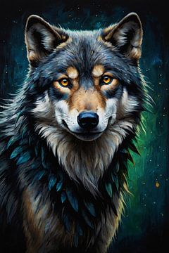 Nocturnal Elegance: Wolf in Starlit Serenity van De Muurdecoratie