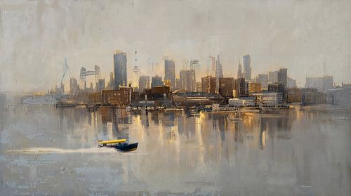 Water taxi in Rotterdam's painted skyline by Arjen Roos