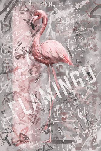 Flamingo street art kunstwerk in grijs en roze kleur