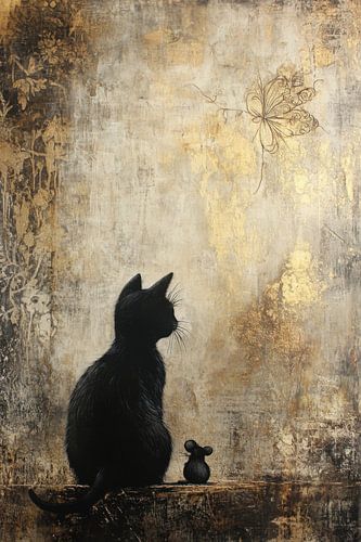 Kat en muis bij vlinder - Poëtische urban muurkunst
