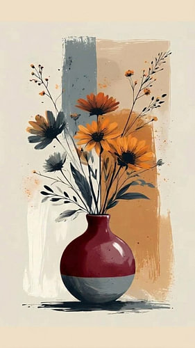 Abstraktes Blumenstillleben mit orangefarbenen Gänseblümchen in einer Keramikvase