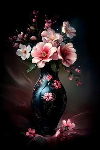 Mystieke Bloemenpracht: Bloemen in het Duister I Zwarte vaas met roze bloemen