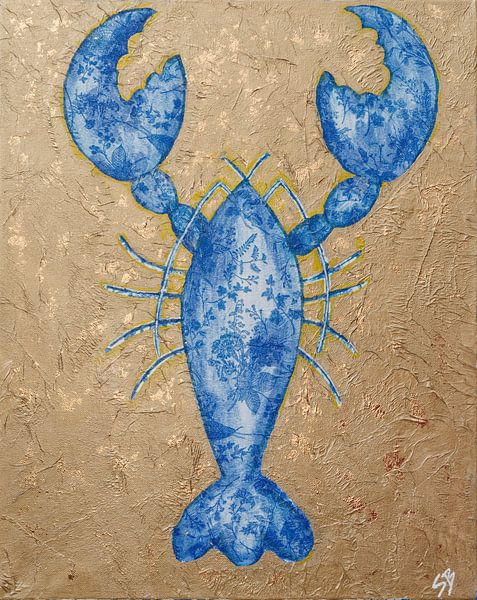Blue lobster on gold by Suzette Bakker